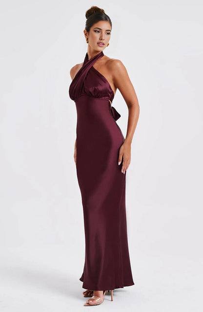 New Backless Maxi Dress Fashion Sleeveless Burgundy High Cross Over Neck Low Back Prom Dresses
