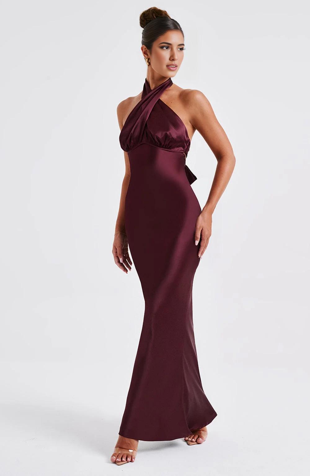 New Backless Maxi Dress Fashion Sleeveless Burgundy High Cross Over Neck Low Back Prom Dresses