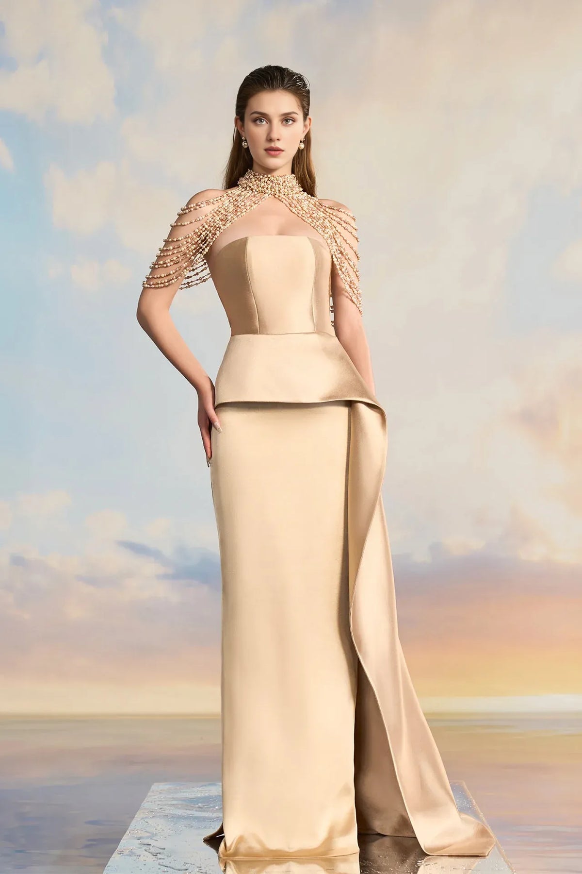 Prom Dresses Stores High-neck No Pearl-embellished Dress Off-the-shoulder Floor-length Skirt With Flowing Side Panels Prom Dress Formal Women's Dresses