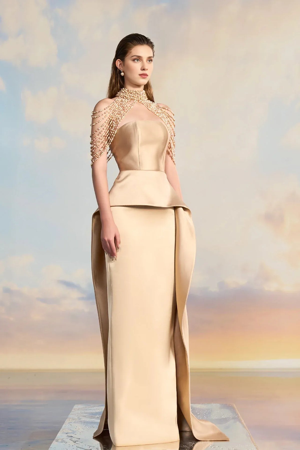 Prom Dresses Stores High-neck No Pearl-embellished Dress Off-the-shoulder Floor-length Skirt With Flowing Side Panels Prom Dress Formal Women's Dresses