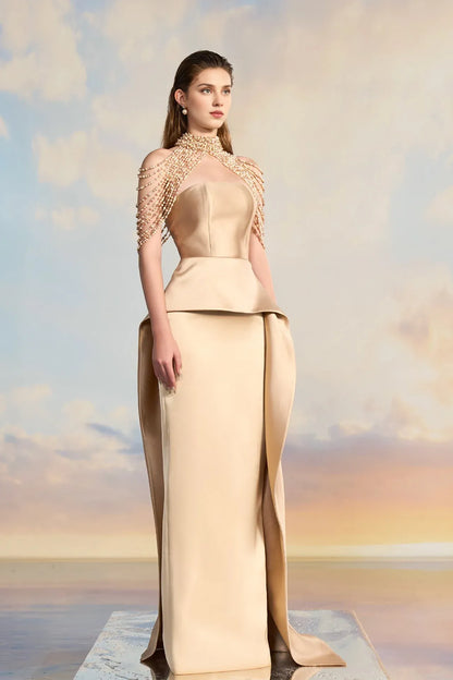 Prom Dresses Stores High-neck No Pearl-embellished Dress Off-the-shoulder Floor-length Skirt With Flowing Side Panels Prom Dress Formal Women's Dresses