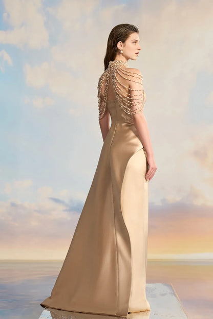 Prom Dresses Stores High-neck No Pearl-embellished Dress Off-the-shoulder Floor-length Skirt With Flowing Side Panels Prom Dress Formal Women's Dresses