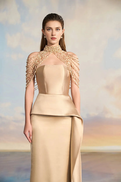 Prom Dresses Stores High-neck No Pearl-embellished Dress Off-the-shoulder Floor-length Skirt With Flowing Side Panels Prom Dress Formal Women's Dresses