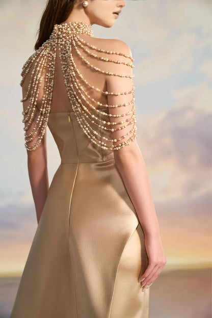 Prom Dresses Stores High-neck No Pearl-embellished Dress Off-the-shoulder Floor-length Skirt With Flowing Side Panels Prom Dress Formal Women's Dresses