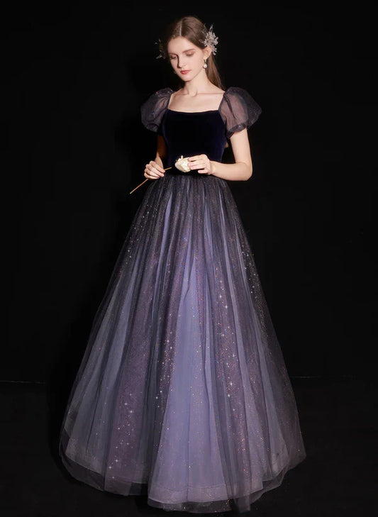 A-line Dark Purple Short Sleeves Tulle and Velvet Long Prom Dress