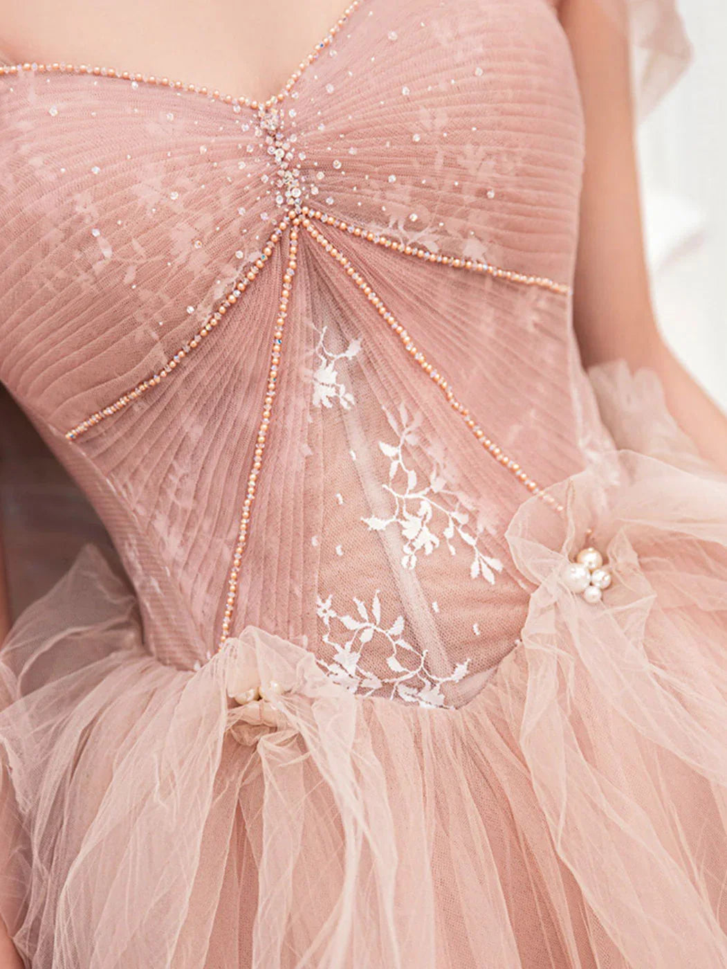 Pink tulle lace long prom evening dress