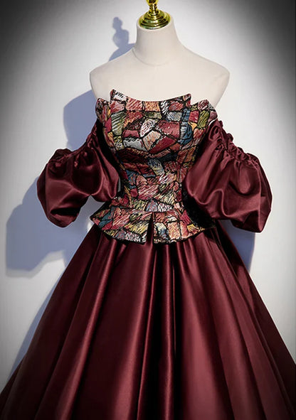 Elegant Burgundy Satin Off Shoulder Evening Prom Dress