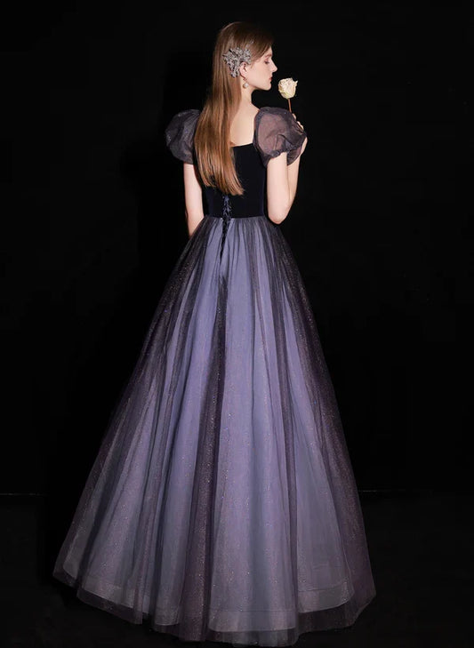 A-line Dark Purple Short Sleeves Tulle and Velvet Long Prom Dress