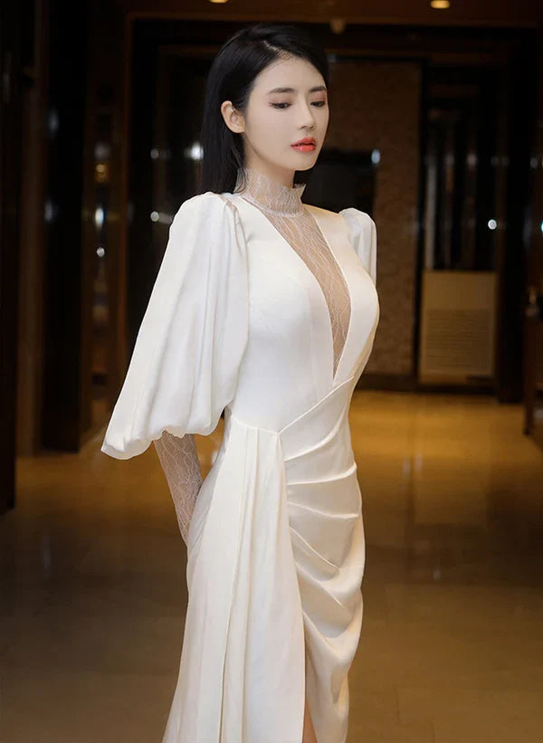Beautiful White Puffy Sleeves Long Party Prom Dress with Leg Slit