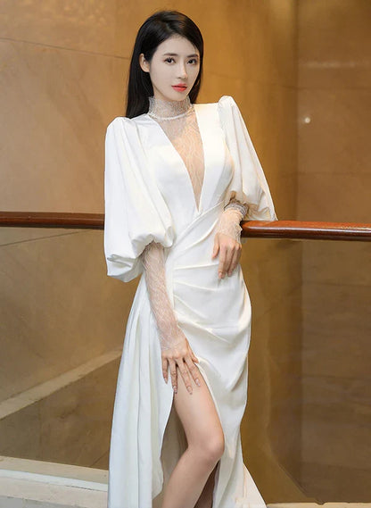 Beautiful White Puffy Sleeves Long Party Prom Dress with Leg Slit