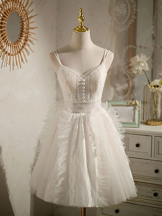 Ivory V Neck Tulle lace Short Prom Dress lace Homecoming Dress