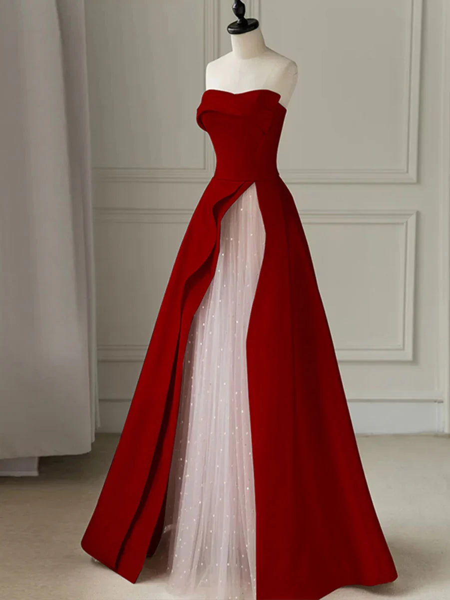Aline Burgundy Satin Long Prom Dress