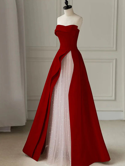 Aline Burgundy Satin Long Prom Dress