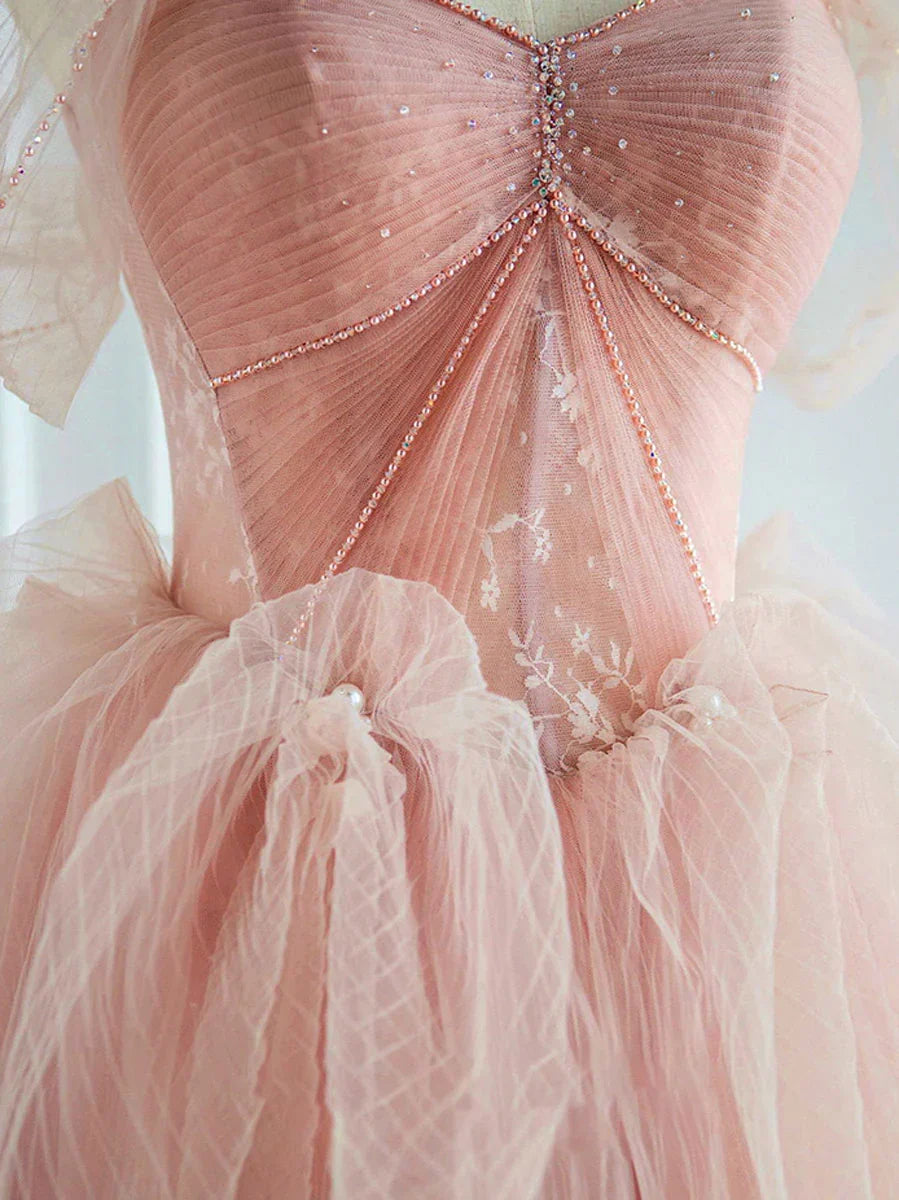 Pink tulle lace long prom evening dress