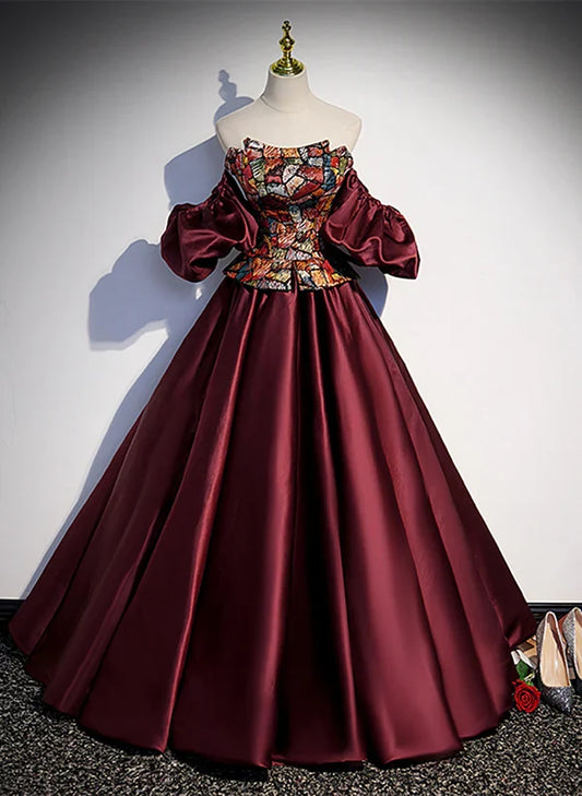 Elegant Burgundy Satin Off Shoulder Evening Prom Dress