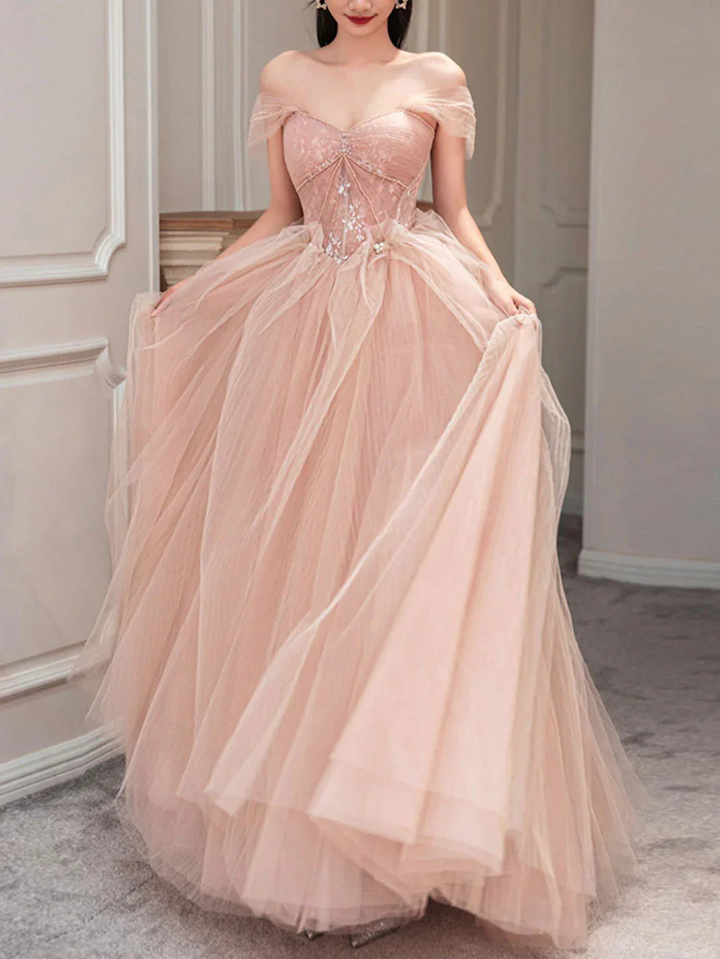 Pink tulle lace long prom evening dress