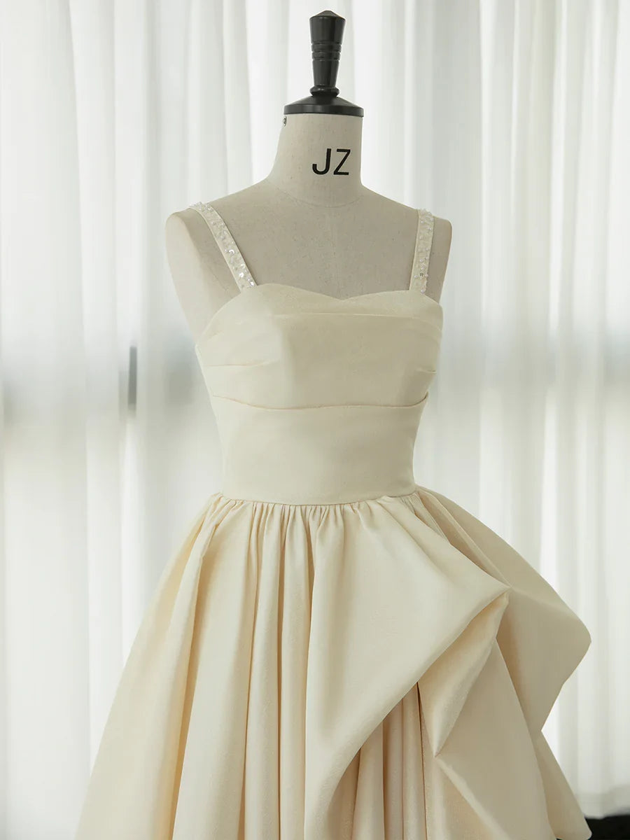 Spaghetti Straps Champagne Satin Tea Length Ruffle Prom Dress