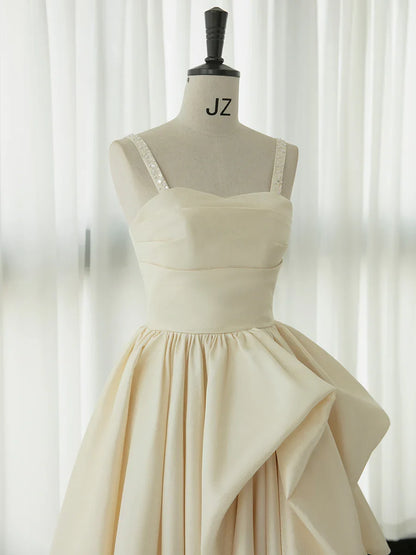 Spaghetti Straps Champagne Satin Tea Length Ruffle Prom Dress