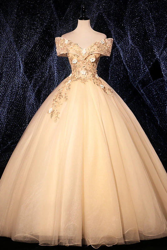 Off-the-shoulder Champagne V Neck Tulle Lace Long Evening Dress With Applique
