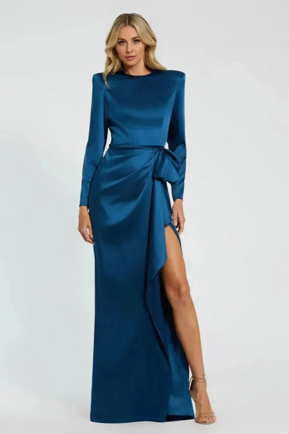 Simple A-Line Round Neck Long Sleeve Zipper Up Floor-Length Prom Dress