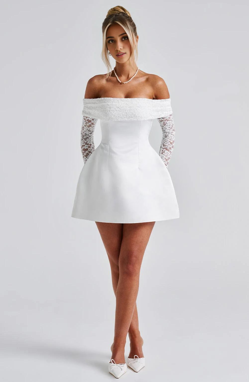Off-Shoulder Mini Dress With Lace Long Sleeve A-line Birthday Party Dress For Women Homecoming Dress