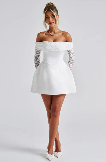 Off-Shoulder Mini Dress With Lace Long Sleeve A-line Birthday Party Dress For Women Homecoming Dress