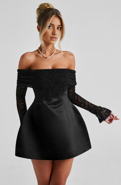 Off-Shoulder Mini Dress With Lace Long Sleeve A-line Birthday Party Dress For Women Homecoming Dress