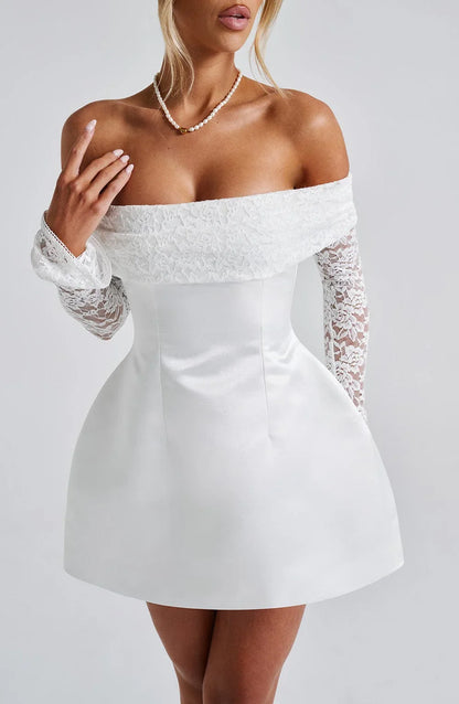 Off-Shoulder Mini Dress With Lace Long Sleeve A-line Birthday Party Dress For Women Homecoming Dress