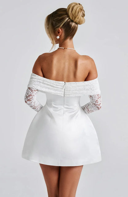Off-Shoulder Mini Dress With Lace Long Sleeve A-line Birthday Party Dress For Women Homecoming Dress