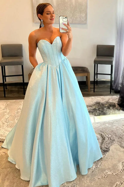 Off-the-Shoulder A-Line Sweetheart Strapless Blue Long Prom Dress