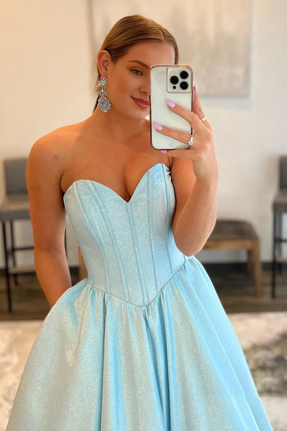 Off-the-Shoulder A-Line Sweetheart Strapless Blue Long Prom Dress