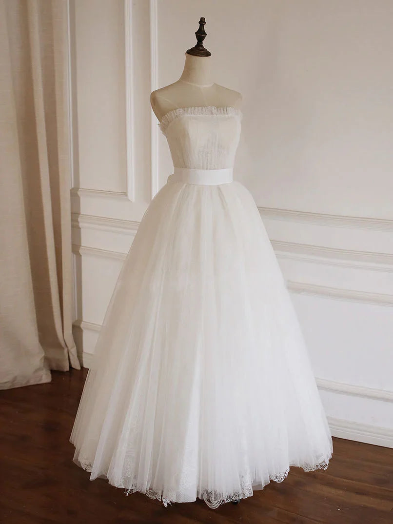 Off-the-Shoulder A-line Simple Lace Tea Length White Prom Dress