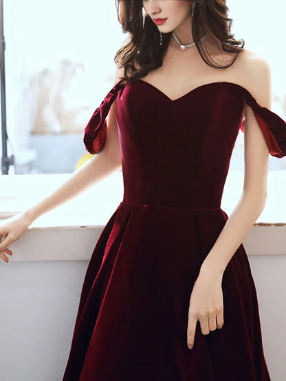 Off-the-Shoulder A-line Simple V Neck Velvet Tea Length Prom Dresses