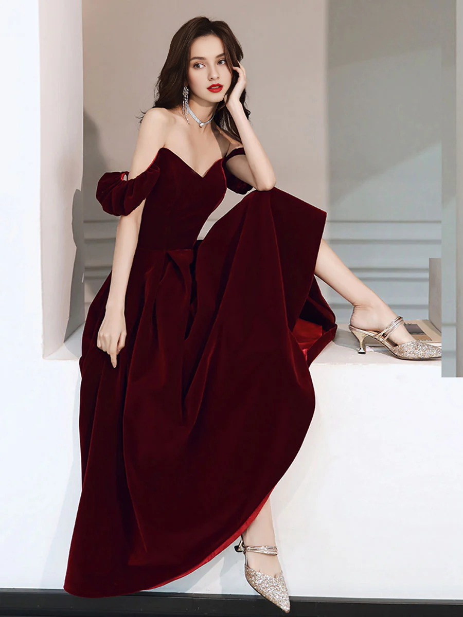 Off-the-Shoulder A-line Simple V Neck Velvet Tea Length Prom Dresses