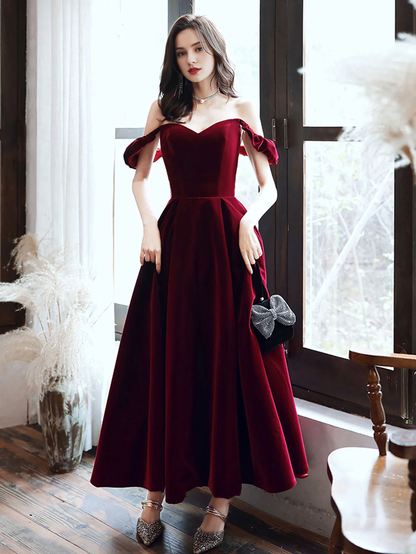 Off-the-Shoulder A-line Simple V Neck Velvet Tea Length Prom Dresses