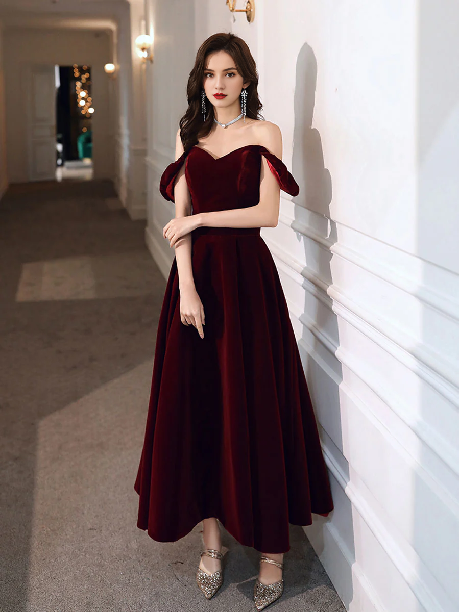 Off-the-Shoulder A-line Simple V Neck Velvet Tea Length Prom Dresses