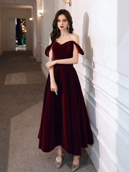 Off-the-Shoulder A-line Simple V Neck Velvet Tea Length Prom Dresses
