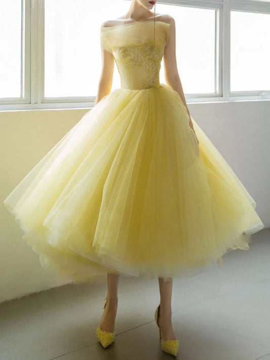 Off-the-Shoulder A-line Yellow Tulle Beads Tea-Length Prom Dress