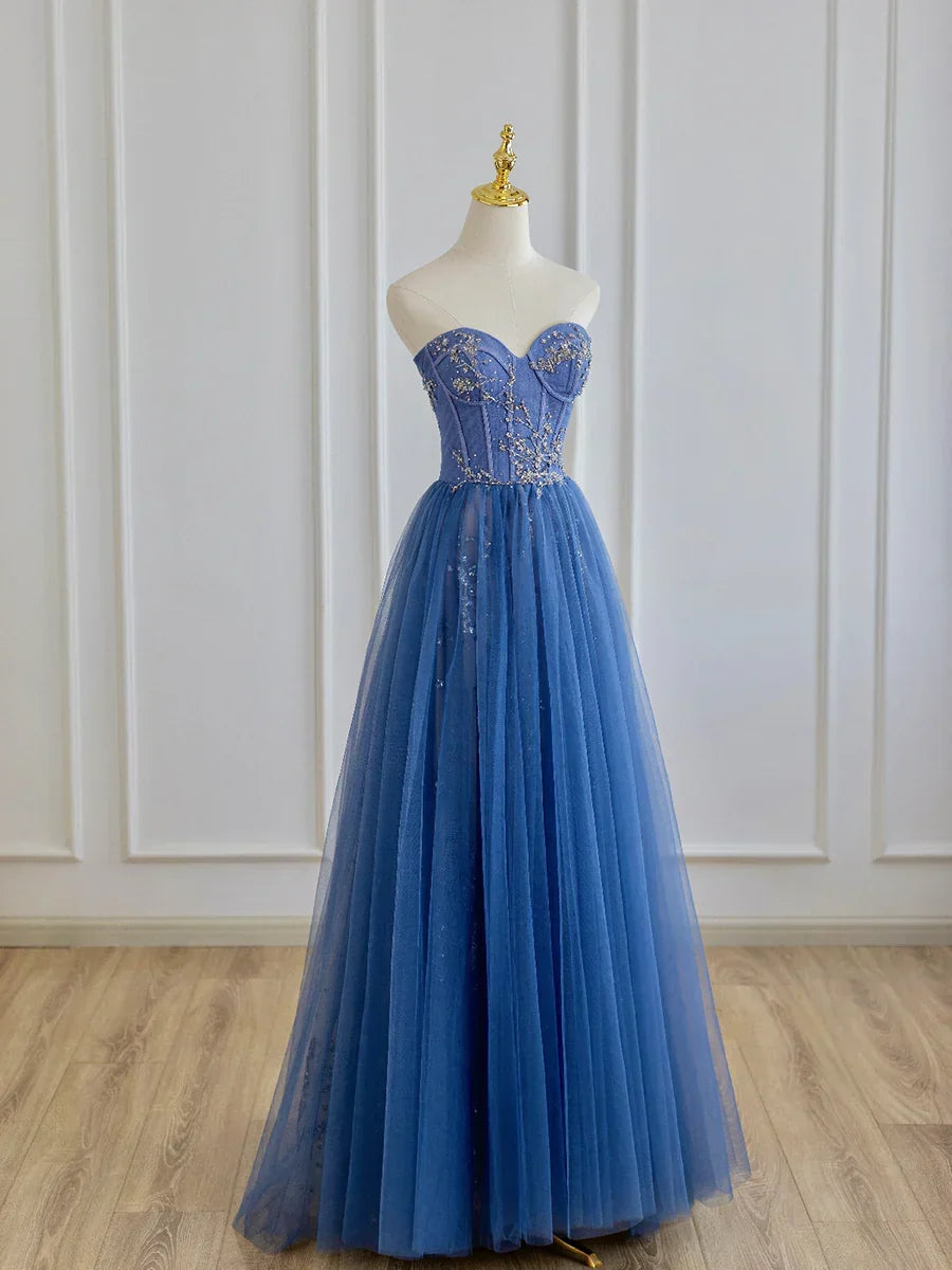 Off-the-Shoulder A Line Blue Strapless Tulle Long Prom Dress with Beaded