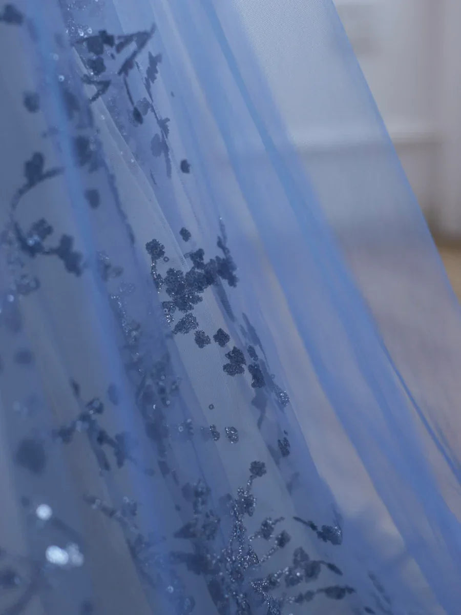 Off-the-Shoulder A Line Blue Strapless Tulle Long Prom Dress with Beaded