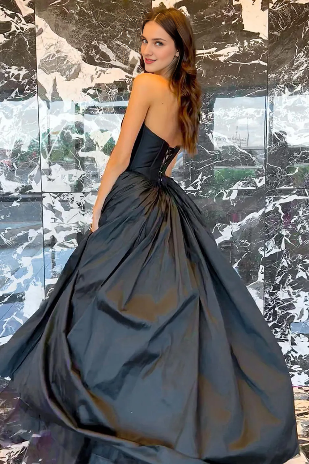Off-the-Shoulder A Line Strapless Black Corst Prom Dress with Criss Cross Back
