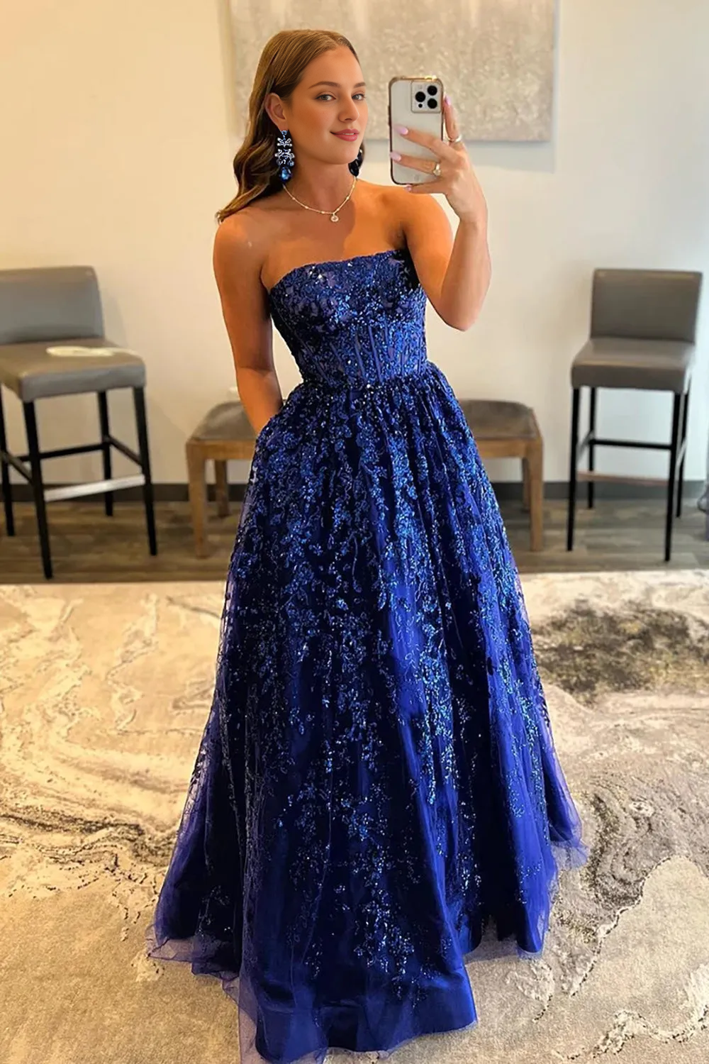 Off-the-Shoulder A Line Strapless Sleeveless Long Prom Dress