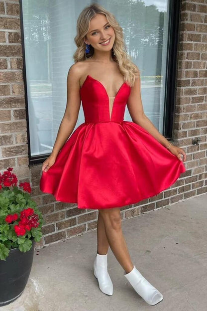 Off-the-Shoulder A Line V Neck Red Satin Short Homecoming Dresses