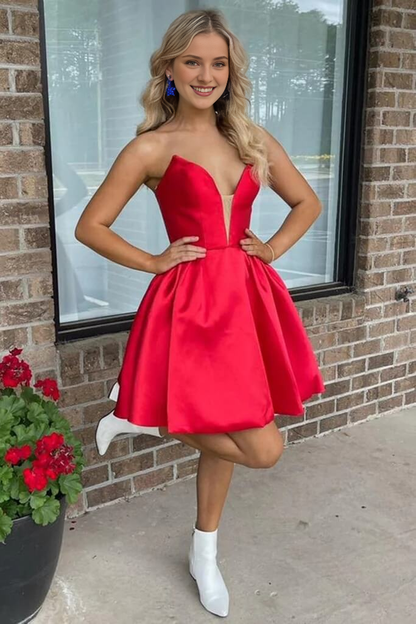Off-the-Shoulder A Line V Neck Red Satin Short Homecoming Dresses