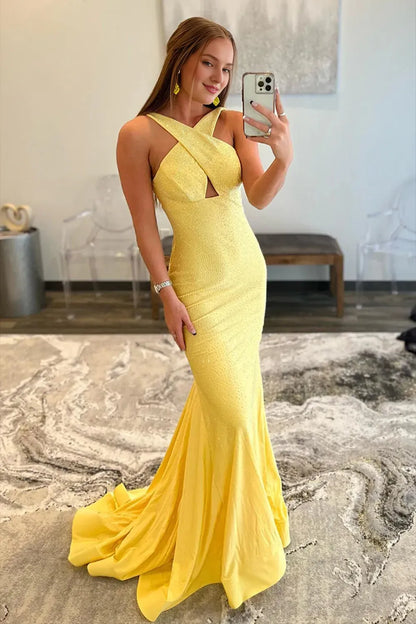 Off-the-Shoulder Backless Halter Mermaid Prom Dress With Train