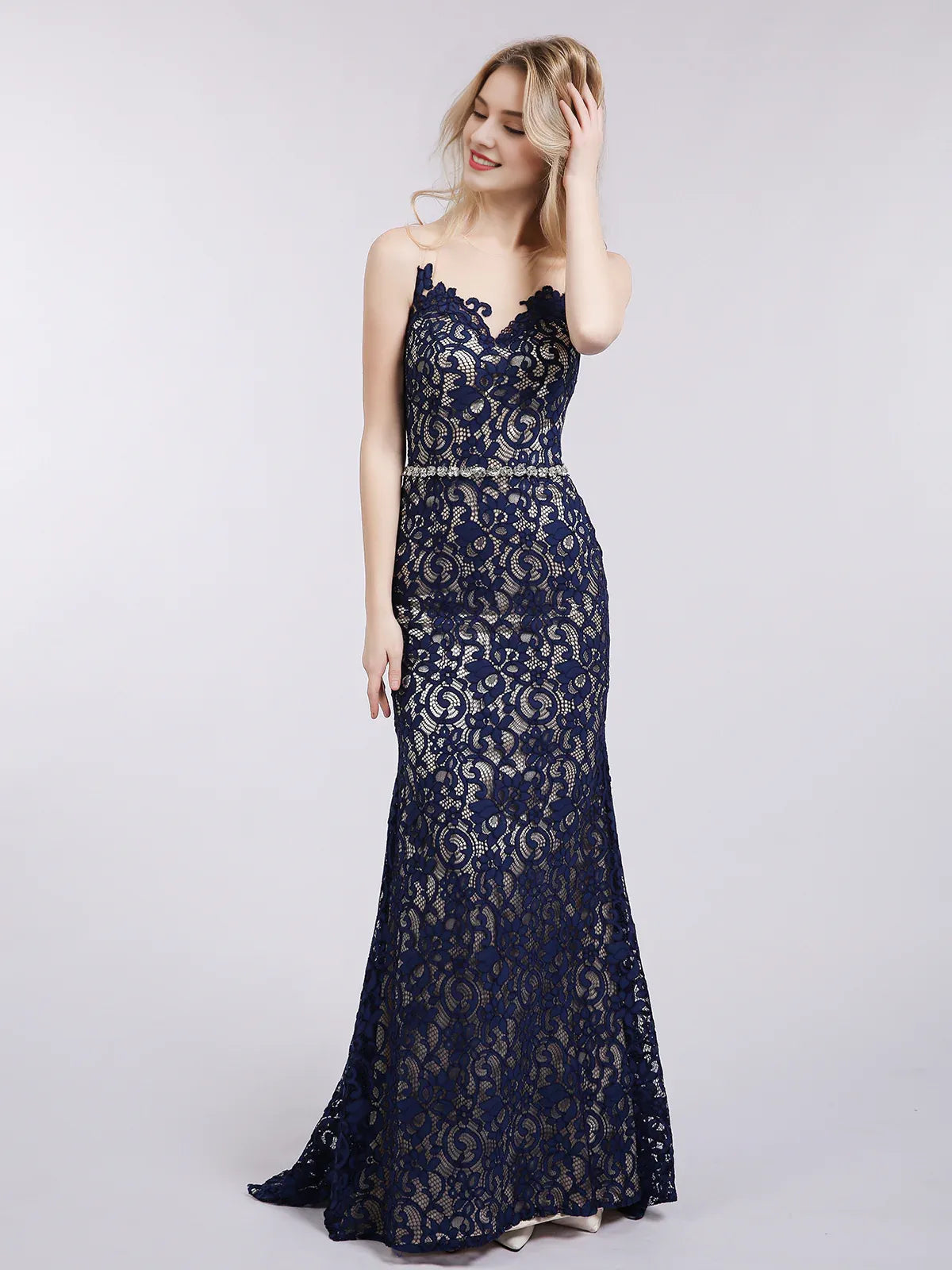 Off-the-Shoulder Backless Mermaid Lace Evening Dress with Illusion Neck-Dark Navy