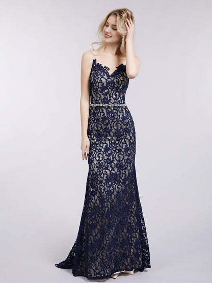 Off-the-Shoulder Backless Mermaid Lace Evening Dress with Illusion Neck-Dark Navy
