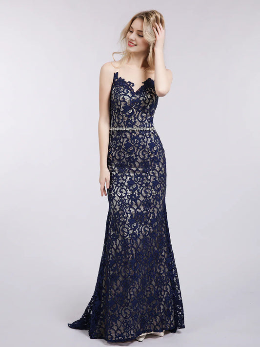 Off-the-Shoulder Backless Mermaid Lace Evening Dress with Illusion Neck-Dark Navy