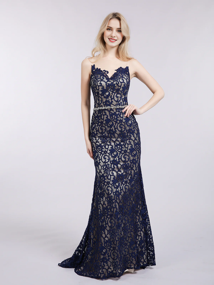 Off-the-Shoulder Backless Mermaid Lace Evening Dress with Illusion Neck-Dark Navy
