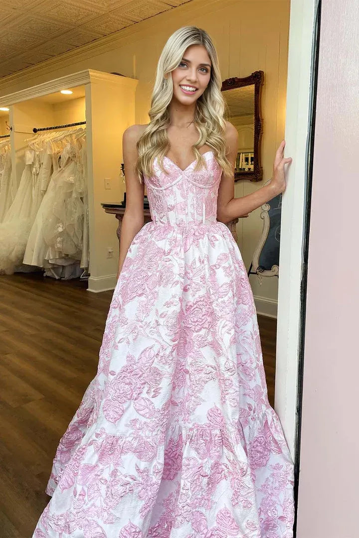 Off-the-Shoulder Backless Sweetheart Corset Floral Prom Dress with Ruffle